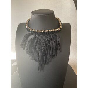 Glamorous Black Beaded Fringe Statement Choker Necklace With Gold Chain & Clasp